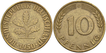 ФРГ 10 пфеннигов 1950 G KM 108, J. 383 сталь плакированная латунью 4586-634