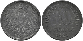 Германия 10 пфеннигов 1921 KM 26 цинк 4171-255