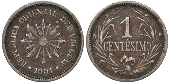 Уругвай 1 сентесимо 1901 KM 19 медно-никель 4169-558