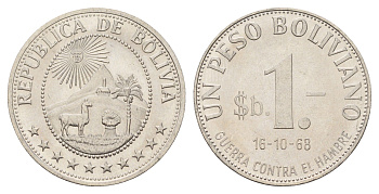 Боливия 1 песо 1968 ФАО - Война против голода KM 191 сталь плакированная никелем UNC 1520-1215