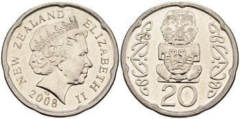 Новая Зеландия 20 центов 2008 Елизавета II (1952-2022), идол Пукаки KM 118а никелированная сталь 4579-1223