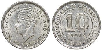 Британская Малайя 10 центов 1943 Георг VI (1937-1952) KM 4a серебро 53-234