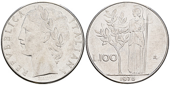 Италия 100 лир 1978 R, богиня Афина KM 96.1 нержавеющая сталь 259-152