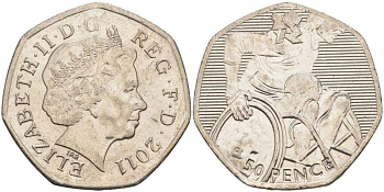 Великобритания 50 пенсов 2011 XXX летние Олимпийские игры в Лондоне в 2012 году, регби на колясках, Елизавета II (1952-2022) KM 1187, Spink LO28 медно-никель 00-00