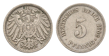 Германия 5 пфеннигов 1906 F, Вильгельм II (1888-1918) KM 11, J. 12 медно-никель 4636-133