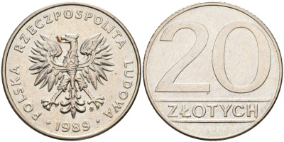 Польша 20 злотых 1989 MW, Народная Республика KM 153.2, Parchimowicz 255a медно-никель 4575-813