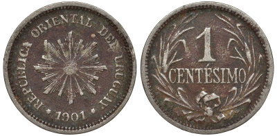 Уругвай 1 сентесимо 1901 KM 19 медно-никель 4169-558