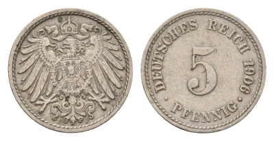 Германия 5 пфеннигов 1906 F, Вильгельм II (1888-1918) KM 11, J. 12 медно-никель 4636-133