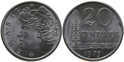 Бразилия 20 сентаво 1975 голова свободы влево KM 579.1a, Schon 84b нержавеющая сталь 4577-636