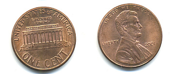США 1 ЦЕНТ 2001 ЛИНКОЛЬН KM 201b цинк плакированный медью 86-431