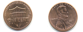 США 1 ЦЕНТ 2011 ЛИНКОЛЬН KM NEW цинк плакированный медью UNC 179-628