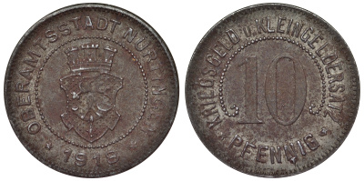 Германия, Нюртинген 10 пфеннигов 1918 Баден-Вюртемберг, нотгельд Funck 386.2 железо 4119-947