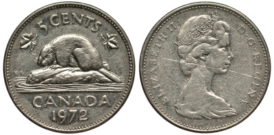 КАНАДА 5 ЦЕНТОВ 1972 БОБЁР, ЕЛИЗАВЕТА II (1952-) KM 60.1 никель 4182-247