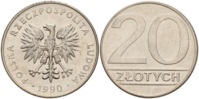 Польша 20 злотых 1990 MW KM 153.2, Parchimowicz 255b медно-никель 4601-1123