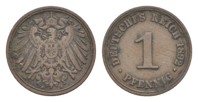 Германия 1 пфенниг 1892 A, Вильгельм II (1888-1918) KM 10, J. 10 медь 4639-1068