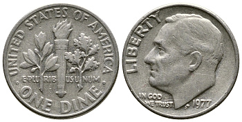 США 10 ЦЕНТОВ = 1 ДАЙМ 1977 РУЗВЕЛЬТ KM 195а медь плакированная медно-никелем 73-1736