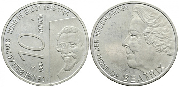 Нидерланды 10 гульденов 1995 300 лет со дня смерти Хьюго Грута, королева Беатрикс KM 220 серебро UNC 413-3943