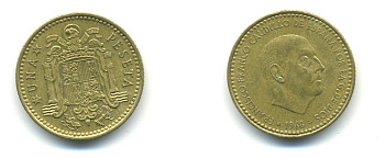 ИСПАНИЯ 1 ПЕСЕТА 1966 (72) ФРАНСИСКО ФРАНКО ДИКТАТОР ИСПАНИИ (1939-1975) КМ 796 алюминиевая бронза 80-1117