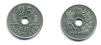 ДАНИЯ 25 ЭРЕ 1966 С; S, ФРЕДЕРИК IX (1947-1972) KM 855.1 медно-никель 80-343