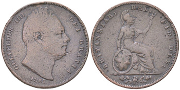 Великобритания 1 фартинг 1831 Вильгельм IV (1830-1837) KM 705, Spink 3848 медь 4613-363