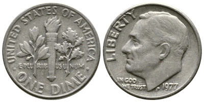 США 10 ЦЕНТОВ = 1 ДАЙМ 1977 РУЗВЕЛЬТ KM 195а медь плакированная медно-никелем 73-1736