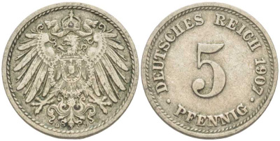 ГЕРМАНИЯ 5 ПФЕННИГОВ 1907 D KM 11, J. 12 медно-никель 105-125