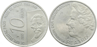 Нидерланды 10 гульденов 1995 300 лет со дня смерти Хьюго Грута, королева Беатрикс KM 220 серебро UNC 413-3943