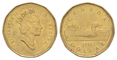 Канада 1 доллар 1994 Елизавета II (1952-2022), утка KM 186 никель плакированный позолоченной бронзой 4631-757