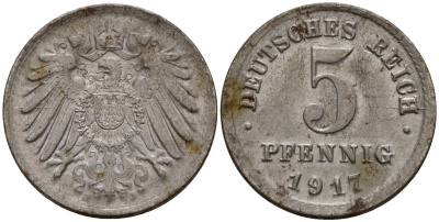 Германия 5 пфеннигов 1917 A KM 19, J. 297 железо плакированная цинком 4189-832
