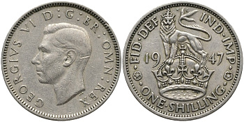 Великобритания 1 шиллинг 1947 Георг VI (1936-1952), Английский герб KM 863, Spink 4103 медно-никель 4171-615