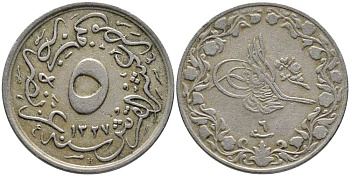 Египет 5/10 гирша 1913 H, АН1327/6 год , Мухаммед V (1909-1914), Османская империя KM 304 медно-никель 36-412