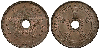 БЕЛЬГИЙСКОЕ КОНГО 2 САНТИМА 1888 LW KM 2 медь 5010-112