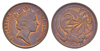 Австралия 2 цента 1989 Елизавета II (1952-2022), плащеносная ящерица KM 79 бронза 4655-1253
