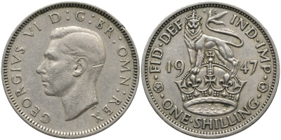 Великобритания 1 шиллинг 1947 Георг VI (1936-1952), Английский герб KM 863, Spink 4103 медно-никель 4171-615