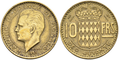 Монако 10 франков 1951 Ренье III (1949-2005) KM 130 алюминиевая бронза    4169-429