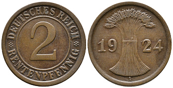 ГЕРМАНИЯ 2 РЕНТЕНПФЕННИГА 1924 A KM 31, J. 307 бронза 24-537