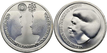 Нидерланды 10 евро 2002 королевская свадьба Виллема-Александра и принцессы Максимы KM 243 серебро UNC 650-1114