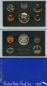 США официальный набор из 5 монет, в пластике 1969 S, Джон Кеннеди, в твердом пластике KM PS 128 серебро  PROOF  8-2-03-03