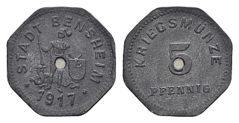 Бенсхайм 5 пфеннигов 1917 Funck 34.2A, Men05 1739.2, Men18 2245.2 цинк 4516-353