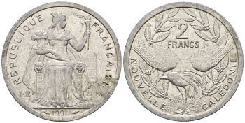 Французская Новая Каледония 2 франка 1991 птица кагу, (IEOM) KM 14, Schoen 11, Lec 67 алюминий    27-1221