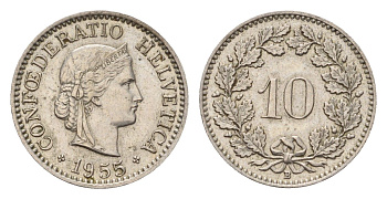 Швейцария 10 раппенов 1955 B KM 27 медно-никель 187-463