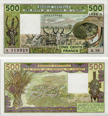 ВАЛЮТНЫЙ СОЮЗ СТРАН ЗАПАДНОЙ АФРИКИ, КОТ-Д'ИВУАР 500 ФРАНКОВ 1988 ПОДПИСЬ 14, БУКВА А Pick 106Аа бумага UNC (ПРЕСС) 8592-22-1-1