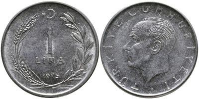 Турция 1 лира 1975 Мустафа Кемаль Ататюрк KM 889а.2 нержавеющая сталь 4178-1043