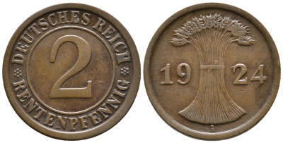 ГЕРМАНИЯ 2 РЕНТЕНПФЕННИГА 1924 A KM 31, J. 307 бронза 24-537