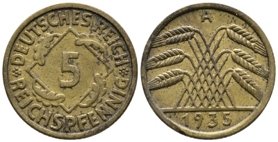ГЕРМАНИЯ 5 РЕЙХСПФЕННИГОВ 1935 A KM 39, J. 316 алюминиевая бронза 39-611