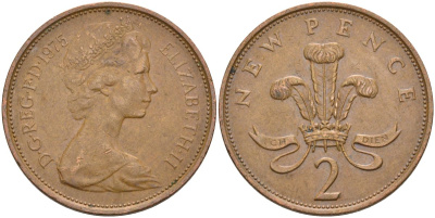 Великобритания 2 пенса 1975 Елизавета II (1952-2022) KM 916, Spink 4235 (C1) бронза 4593-831