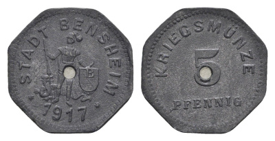 Бенсхайм 5 пфеннигов 1917 Funck 34.2A, Men05 1739.2, Men18 2245.2 цинк 4516-353