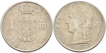 БЕЛЬГИЯ 1 ФРАНК 1956 BELGIQUE, БОДУЭН I (1951-1993) KM 142.1 медно-никель 213-457
