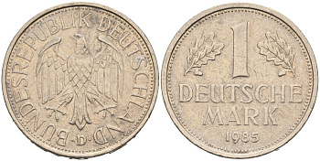 ФРГ 1 МАРКА 1985 D KM 110, J. 385 медно-никель 92-946