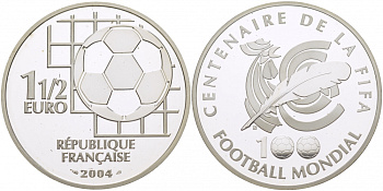 Франция 1 1/2 евро 2004 100 лет чемпионатам мира по футболу KM 1374 серебро PROOF 04-011-12